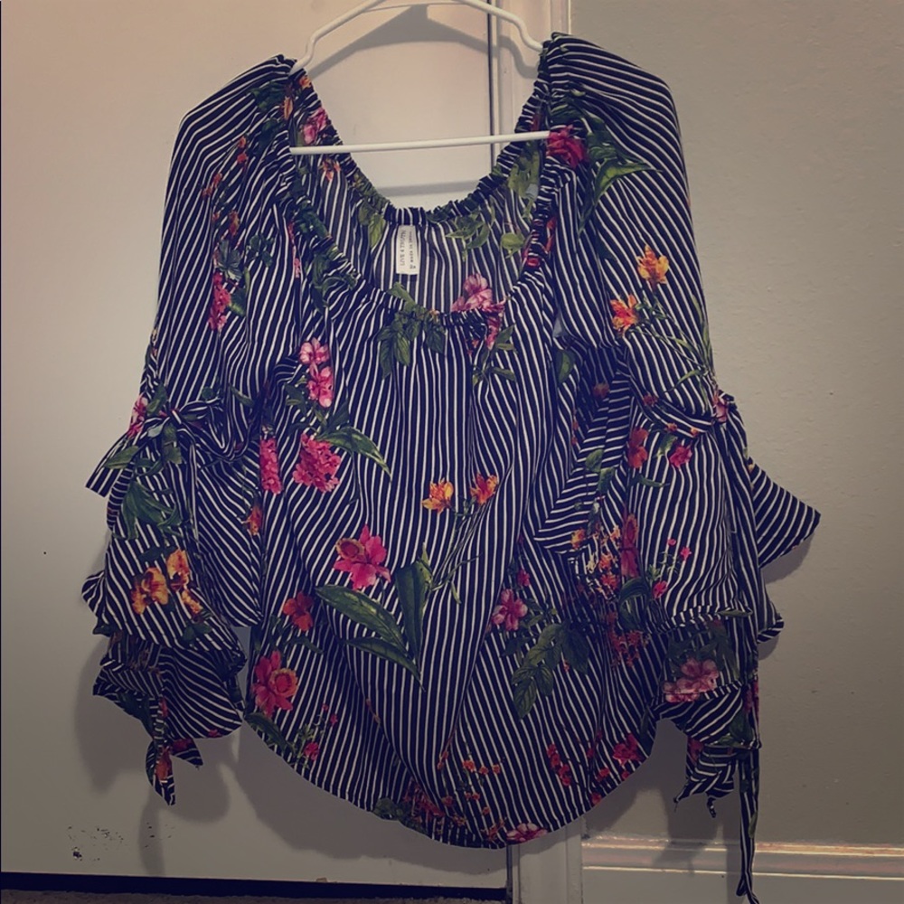 Black and white strip blouse with flowers.